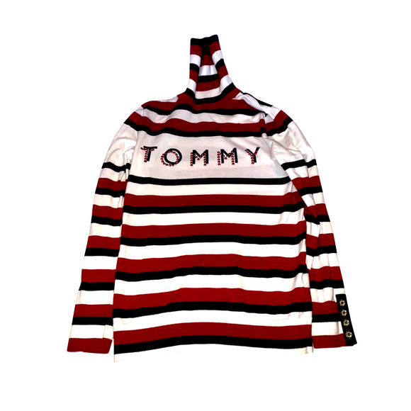 NWOT Tommy Hilfiger Blue, Red, and White Striped Jeweled Turtle-Neck Sweater - Picture 2 of 5